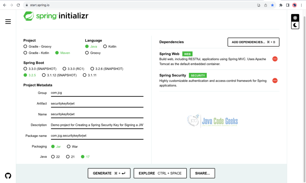 Fig 1: Generate a spring boot project with the dependencies (spring security and spring web) for jthe wt token example