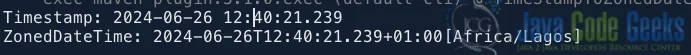 Fig 1: Output from the example demonstrating the conversion of java.sql.Timestamp to ZonedDateTime using the toInstant method.