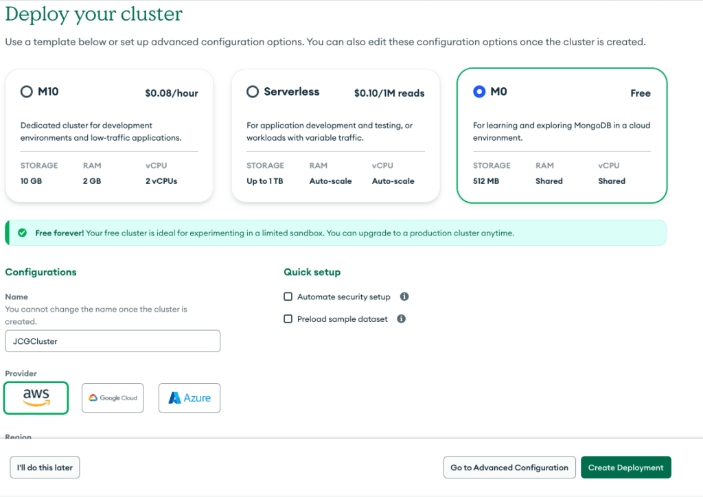 mongodb atlas deploy cluster