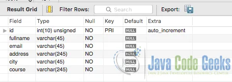 Table structure example for converting a JDBC ResultSet to CSV.