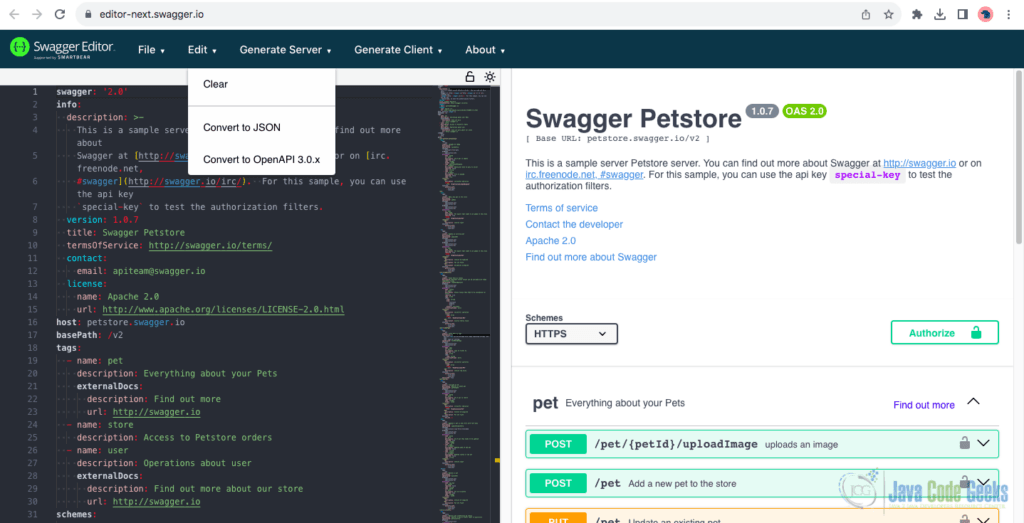 Screenshot of the Swagger Editor online demonstrating a Java OpenAPI 2 to OpenAPI 3 upgrade example.